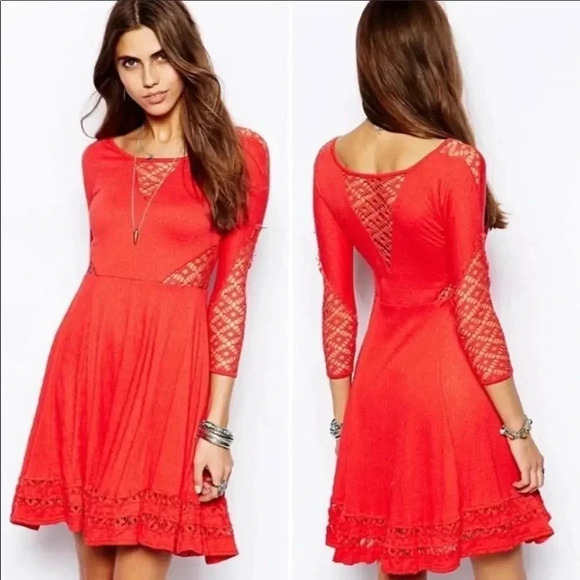 FREE PEOPLE | To the Point Lace Cutout Orange Mini Skater Dress Size L (No Tag) - Picture 1 of 8